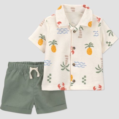 Carter's Just One You® Baby Boys' 2pc Tropical Button-Down T-Shirt and Shorts Set - Green/Ivory 12M