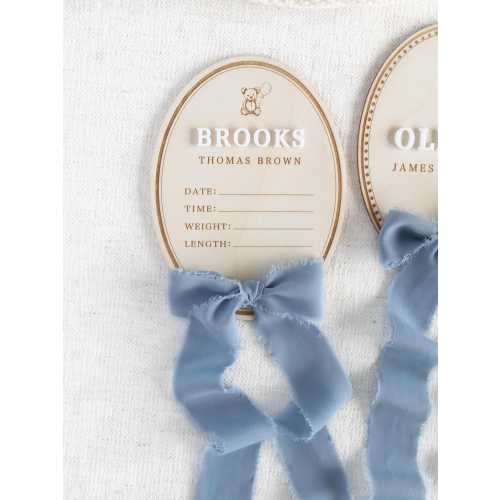 Baby Boy Name Announcement Sign: Newborn Hospital Birth Statistic with bow and rocking horse