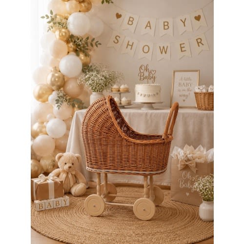 Wicker Doll Pram, Rattan Baby Stroller, Boho Nursery Decor