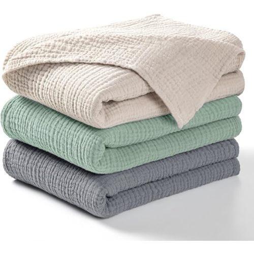 lulumoon Muslin Swaddle Blanket Baby - Cotton Swaddling Blanket Soft Baby Receiving Blanket Neutral 3Pack(Grey+Green)