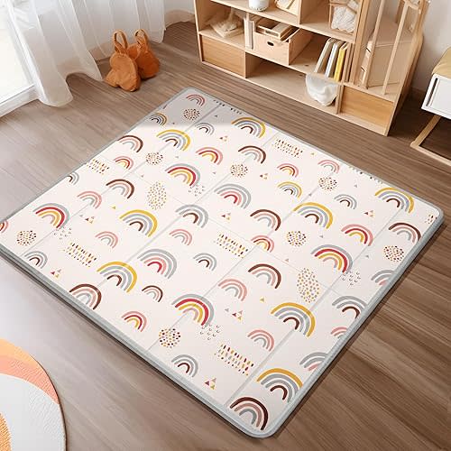 PIGLOG Foldable Baby Play Mat, 50x50 Playpen Mat, Safe Foam Playmat for Tummy Time, Waterproof Playmats for Babies and Toddlers Kids, Reversible Portable Floor Mat for Infant, Rainbow + Three Colors