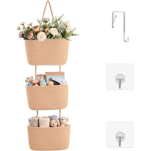 ICERZCZ Hanging Baskets for Organizing, Over the Door Decorative Storage Organizer, Nursery Decor Organization, 3-Tier Wall Basket for Entryway Playroom Bathroom Closet, Khaki