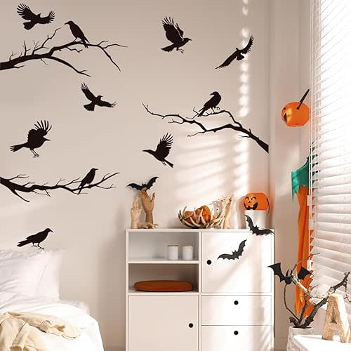 Raven Peel and Stick Wall Stickers - Black Crows, Winter Branches, Halloween Tree Branch Designs - Removable Vinyl Decals