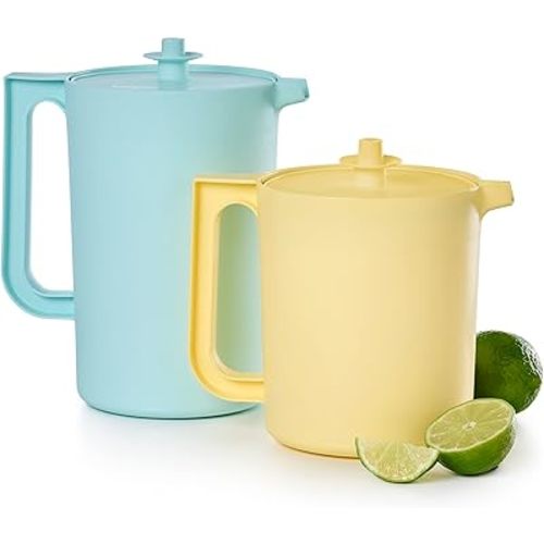 Tupperware Heritage Pitcher Set in Vintage Blue and Yellow Colors, Dishwasher Safe and BPA Free (Set of 2, 1.5 Qt./2 Qt.)