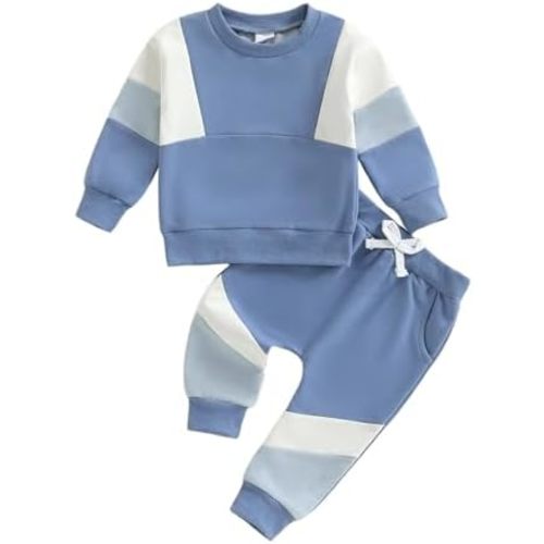 Kupretty Toddler Baby Boy Fall Winter Clothes Color Block Long Sleeve Sweatshirt Pullover Tops + Joggers Pants Outfit Set