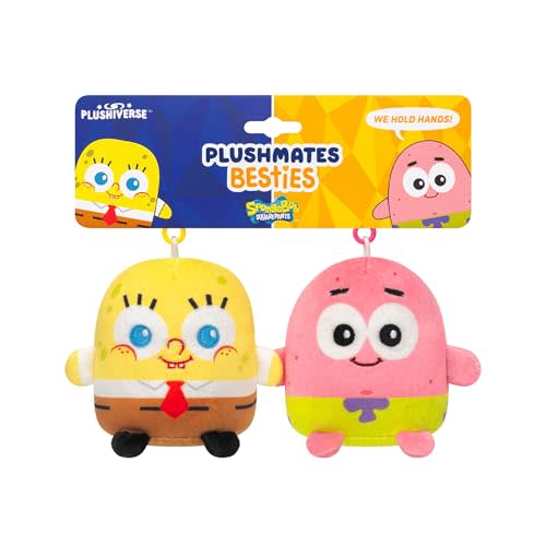 TeeTurtle Spongebob Squarepants and Patrick Star Plushmates Besties Keychain Set - Officially Licensed Novelty Clip-On Plush with Magnetic Hands
