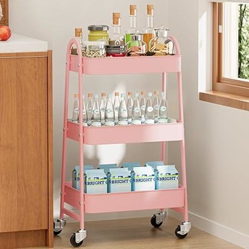 NEWBULIG 3-Tier Rolling Utility Cart with Locking Wheels, Slim Metal Mobile Storage Organizer Shelf for Small Spaces, Bathroom, Living Room, Pink