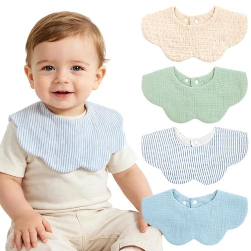 Muslin Baby Bibs, 4 Pack Bibs for Baby Boy, Adjustable 100% Cotton Soft Drool Bibs for Toddlers, Newborn Baby Bib for Drooling and Teething