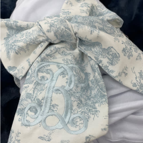 Monogrammed Newborn Baby Blue Toile Bow Sash