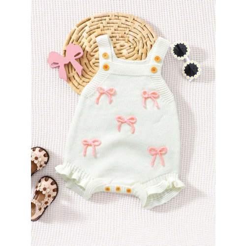 SHEIN Playful Pals 1pc Sweet Style Baby Knitted Strap Bodysuit, White With Pink Bow & Ruffle Trim Bodysuit Baby Girl Knitted Bodysuit With Bow Baby Girl Bodysuit Knot Baby Sweater Bodysuit Baby Girl Fall Winter | SHEIN USA