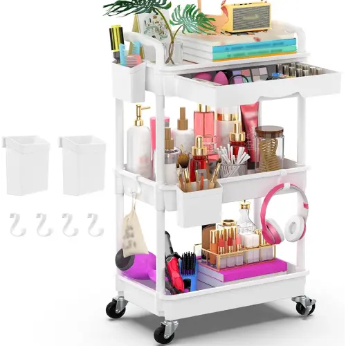 Goovilla 3 Tier Rolling Utility Cart Organizer with Removable Drawer, Stable and Sturdy White Rolling Storage Carts with 2 Lockable Wheels for Bathroom, Kitchen, Snack, Craft, Makeup, Baby Essentials