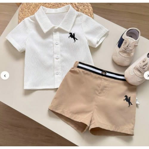 Newborn Baby Boy/Girl Cute Summer Casual Versatile Urban White Short Sleeve Shirt, Elastic Waist Khaki Shorts Set