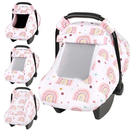 Pea Pod Car Seat Cover Baby, Infant Car Seat Canopy Covers with 2 Layers Windows of Breathable Mesh Fabric, Lightweight Polyester, Soft Minky Dot Backing (Rainbow & Floral Pattern)