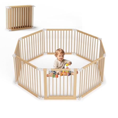 Wooden Baby Playpen, Foldable Large Size Wood Playpen 8 Panels, Adjustable Baby Playard for Babies and Toddlers with Safety Locking Gate, 57"x57"x24"