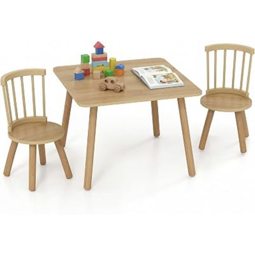 Costzon Kids Table and Chairs, 3 PCS Wooden Desk Set for Toddlers (Natural)