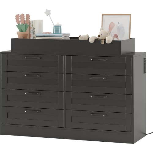 Baby Changing Dresser with 8 Drawers – Wooden Nursery Dresser with Safety Rail & Open Shelf, Changing Table Station Space-Saving Organizer