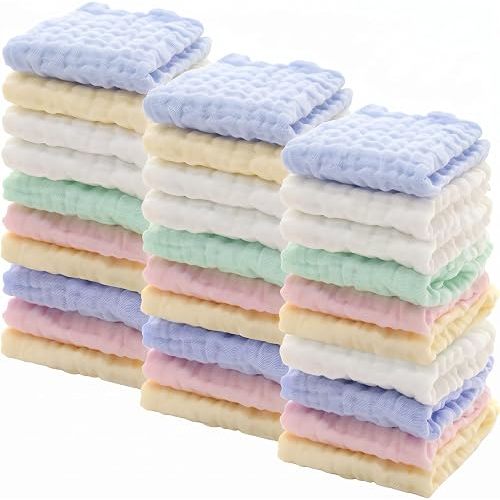 Chumia 30 Pcs Baby Muslin Washcloths Muslin Burp Cloths Baby Towel Natural Cotton Burp Cloths Wipes Soft Newborn Face Towel Absorbent for Face Bath Shower, 12 x 12''(Blue, White, Green, Yellow, Pink)
