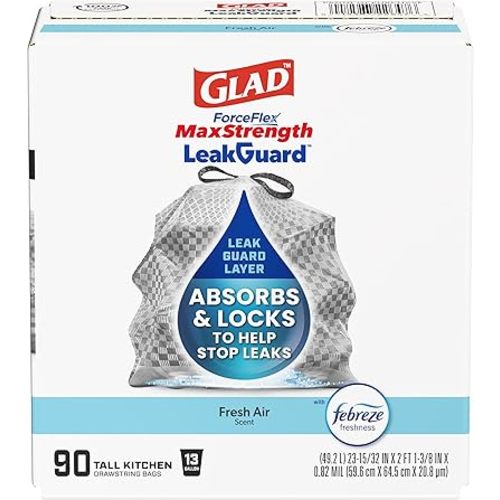 Glad ForceFlex MaxStrength LeakGuard Trash Bags, 13 Gal, Fresh Air, 90 Ct (Package May Vary)