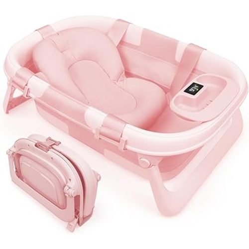 Jool Baby Fold ‘n Store Baby Bathtub – 3 Stage Collapsible Bather for Easy Storage, Portable for Travel – Built-in Thermometer (Pink)