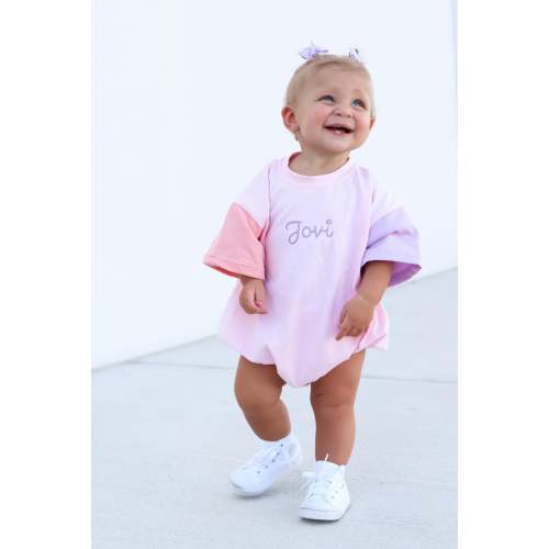 Custom Embroidered Colorblock T-Shirt Romper - Pink & Purple | Little Joy Co.
