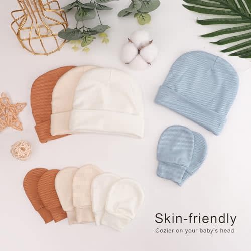 BQUBO Baby Newborn Hats with Scratch Mittens for Unisex Infant Soft Beanie Gloves Set Preemie Newborn Hats Hospital Hat for Boys Girls 0-3 Months