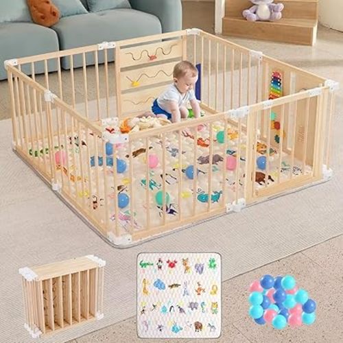 Foldable Wooden Baby Playpen with Soft Play Mat, Adjustable Playpen for Babies and Toddlers with 36 Colorful Balls, Portable Baby Fence Play Area Activity Center with Gate for Toddlers(56x56x23inches)
