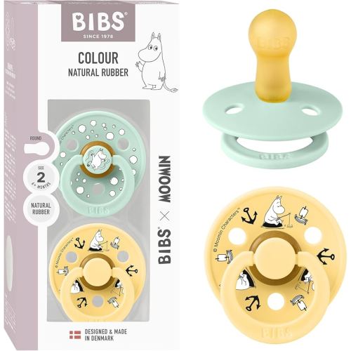 BIBS Colour Moomins Pacifier 2-Pack, BPA Free Pacifier, Round Nipple. Natural Rubber Latex, Made in Denmark, Size 2 (6-18 Months), Nordic Mint/Pale Butter