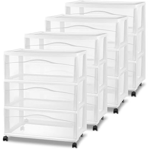 Sterilite 4 Pack Wide 3 Drawer Storage Cart, Plastic Organizer with Wheels, White - Multipurpose Bin for Clothes, Accessories, or Home Accessories