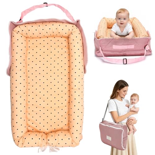 Baby Lounger for Newborns 0–24 Months,100% Cotton Breathable Baby Play Mat, Portable Infant Lounger for Home and Travel(Dotty Blush)