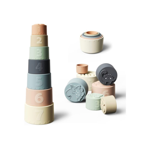 Moonkie Stacking Cups Toy, Fun Educational Baby Toys Silicone Soft Teething Toy, Age 6+ Months, 7 Piece Set