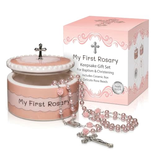 My First Rosary and Keepsake Box, Baptism Gifts for Girl | Baby Christening Gift for Girls, Ceramic Box, Pink Rosary, Colorful Packaging, Catholic First Communion Gift