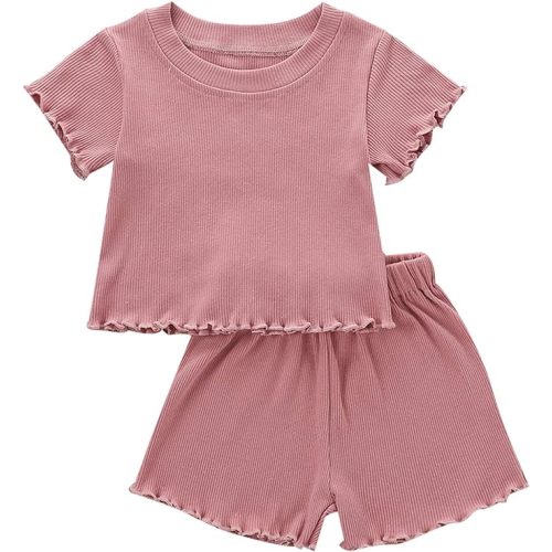 Kupretty Toddler Baby Girl Summer Clothes Ruffle Ribbed Knit Short Sleeves T-Shirt Tee Tops + Shorts Cute Outfits Set