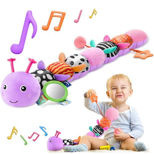 HEMRLY Baby Sensory Toy 0-6 Months, Musical Stuffed Caterpillar Plush with Teether, Crinkle, Rattle, Baby Mirror for Tummy Time, Infant Car Seat Toy for 0-3-6-12 Month Boys Girls Gifts - Leaf Purple