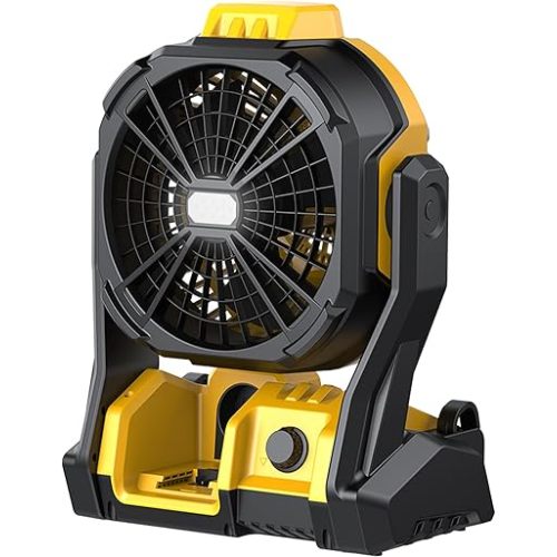 DeForce Battery Operated Fan, for DeWalt 20V Max Battery, Camping Fan Cordless, Option for Corded, with LED Lights, Variable Speed, Hook for Hanging, for Jobsite, Black(Battery Not Included)