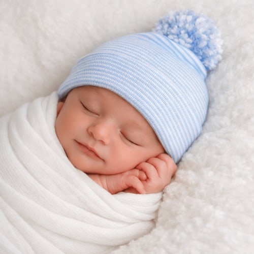 Striped Newborn Pom Pom Hat - Blue