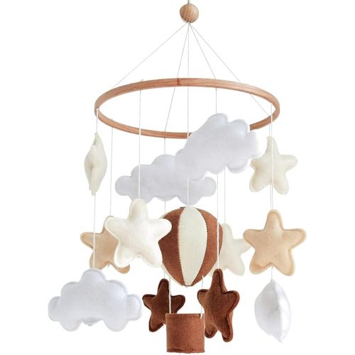 Neutral Hot Air Balloon Mobile for Crib Boho Baby Crib Mobile for Girls Boys Stars & Clouds Hot Air Balloon Baby Mobile for Crib