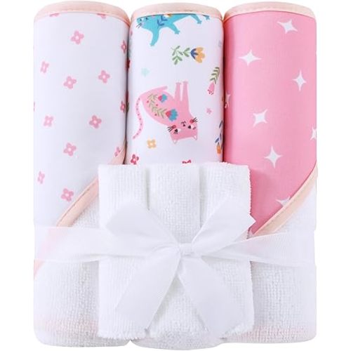 Mooreeke Baby Towel with Hood for Girls Pink Cat Flower Bath Towel for Babies Ultra Soft Absorbent 3 PCS Baby Towels and 3 PCS Washcloths for Newborn Essentials