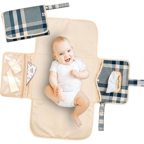 Tiny Twinkle Portable Diaper Changing Pad | Waterproof, Wipeable & Compact Baby Changing Pad for Travel | Smart Wipes Pocket & Organized Storage| Newborn Shower Gift (Sage Checkers)