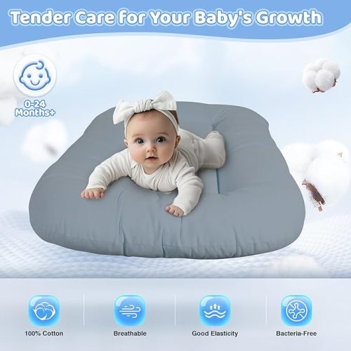 Infant Support Cushion - Baby Support Cushion for Newborn, 0-24 Months, Portable Tummy Time Mat for Home and Travel, Soft Cotton, Supervised Use, Baby Essentials Gift, Grayish Blue, (Cover Included)