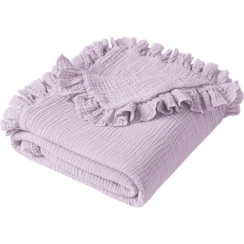 Konssy 100% Cotton Muslin Baby Blanket with Ruffle Trim for Girls, 43"x39"