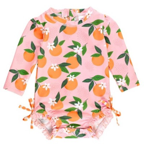 RuffleButts Baby Girls Orange You The Sweetest Long Sleeve UPF50+ One Piece Rash Guard - Pink Orange You The Sweetest, 3-6m