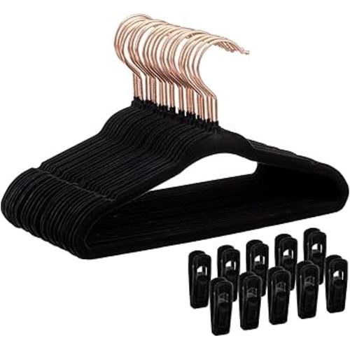 Velvet Baby Hangers 30 Pack - 11 Inch Premium Felt Non Slip Kids Hanger for Infant Toddler Clothes - 0.2" Ultra Thin Baby Clothes Hangers for Children's Closet with 10 Hanger Clips - Black