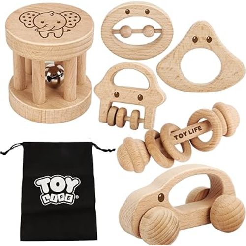 TOY Life Wooden Toys Cars, Montessori Baby Toys 6-12 Months, Wooden Baby Toys Rattle Cars for Toddlers 1-3, Baby Boy Nursery Decor, Montessori Toys for 1 Year Old Boy (6 PCS Rattle Set)