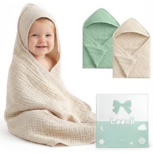 Looxii Baby Bath Towels 2 Pack Muslin Hooded Baby Towels for Newborn and Infants, 100% Cotton, Large 32x32Inch, Soft and Absorbent Beige+Green