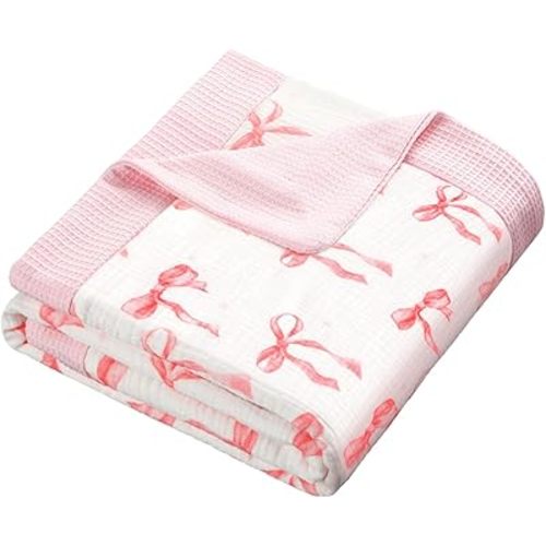 Waffle Baby Blankets, Soft and Lightweight Muslin Swaddle Blanket, 5 Layers Crib Stroller Nursery Receiving Blankets with Muslin Front and Waffle Backing for Wrapping Infant Newborn (Bow)