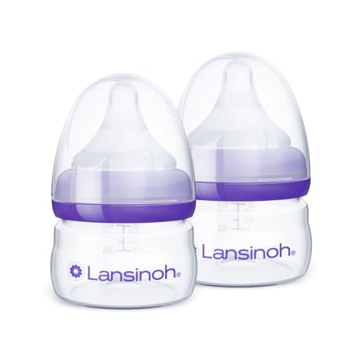 Lansinoh Anti-Colic Baby Bottles, 2 Ounces, 2 Count | Extra Slow Flow Nipples (XS), Breastfeeding Bottle with NaturalWave Design, BPA-Free Plastic, Baby Essentials
