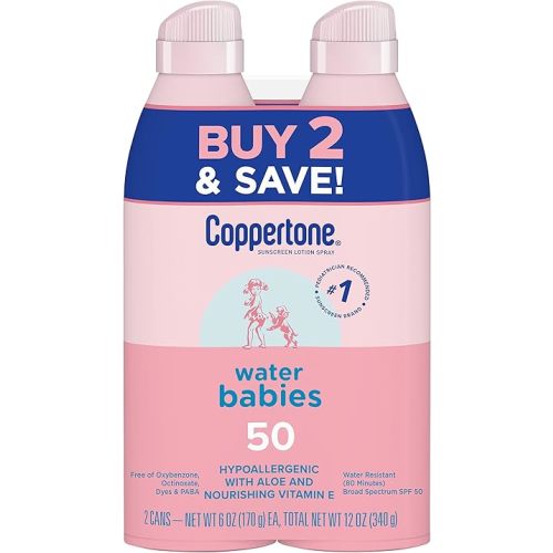Coppertone WaterBabies Sunscreen Spray SPF 50, Spray On Sunscreen for Babies, Water Resistant, Pediatrician Recommended, 6 Oz, Pack of 2