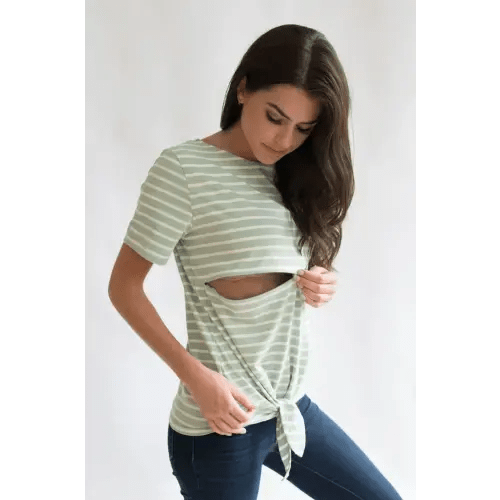 Striped Nursing T-Shirt With Front Tie- Hidden Zipper - Mint/White