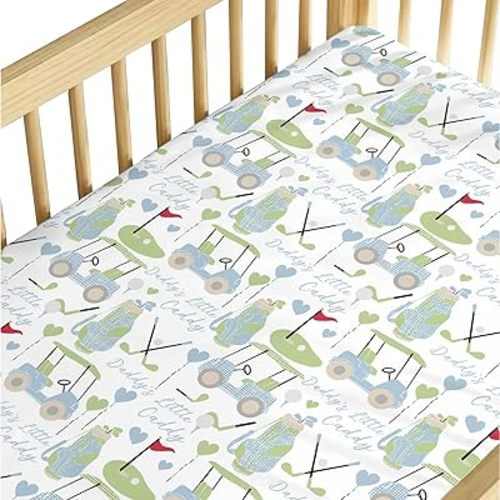 Baby Boys Standard Crib Sheet Blue Gingham Golfing, Cute Golf Daddy's Little Caddy Snug Fitted Mattress Covers, Soft Stretchy Breathable Nursery Kids Toddler Bed Decor Shower Gift 52 x 28