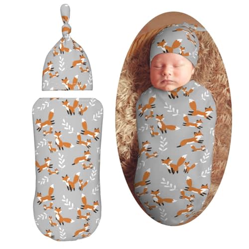 Cute Foxes Leaves Gray Newborn Swaddle Blankets Hat Sets Soft Baby Receiving Blanket Swaddle Sack for Baby Shower Infant Boy Girl Gift